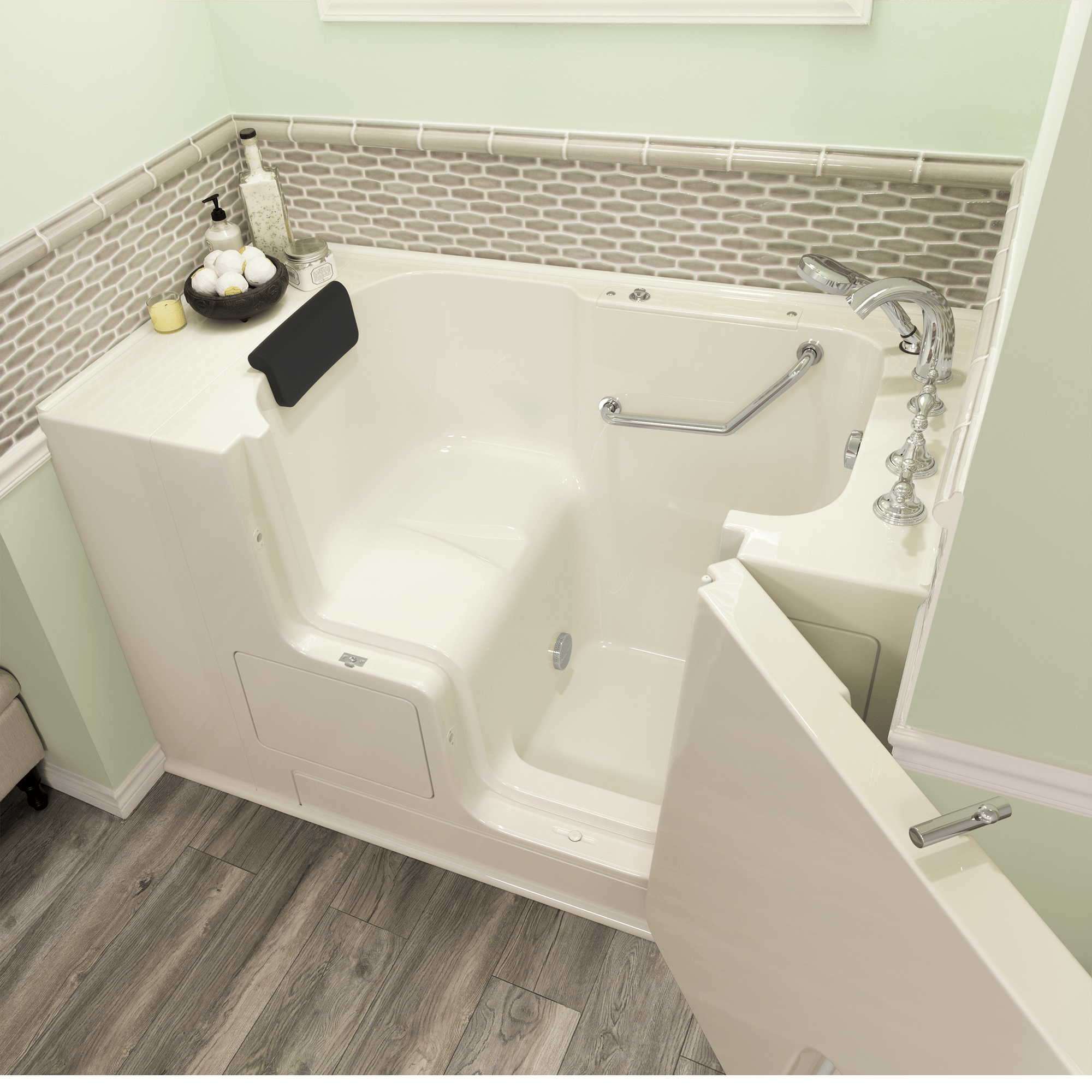Gelcoat Premium Series 32 x 52  Inch Walk in Tub With Soaker System   Right Hand Drain With Faucet WIB LINEN